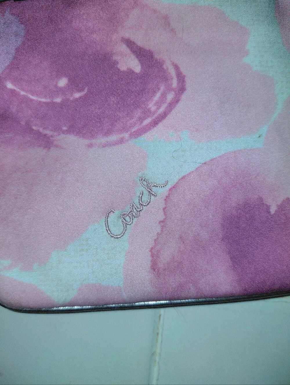 Vintage Coach Madison Pink Watercolor Wristlet Leather Trim Carriage Logo